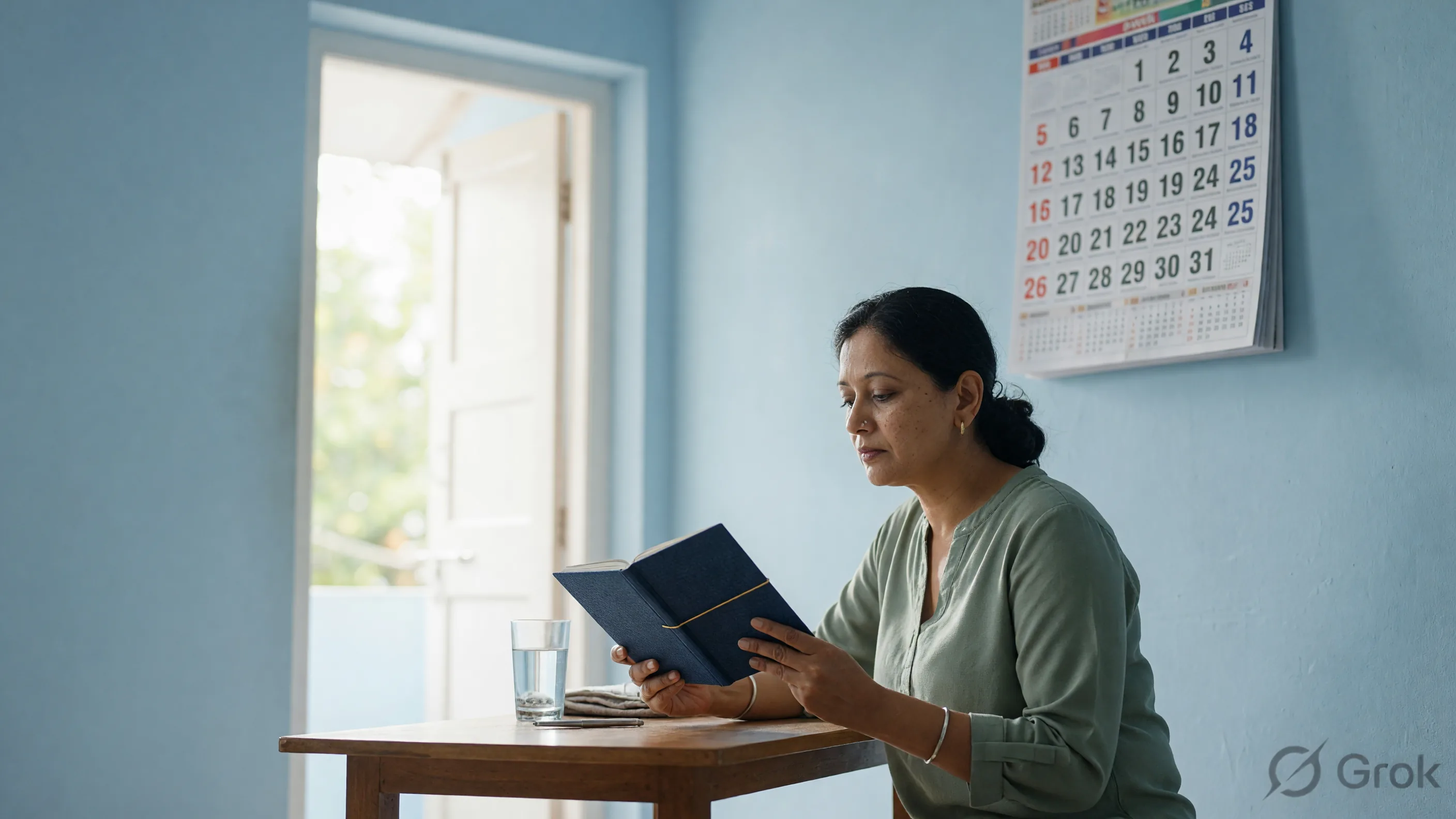 Adult at a doorway table with a closed booklet and a defocused wall calendar