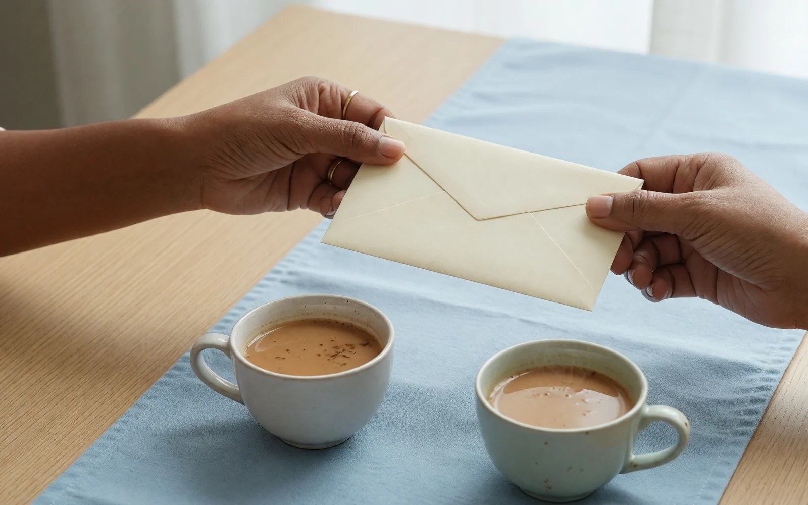 Two hands passing a blank cream envelope across tea cups