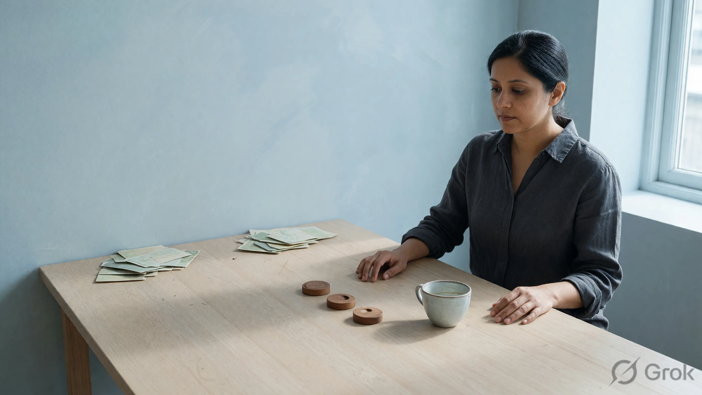 Quiet bench with cards pushed aside and wooden tokens in a row