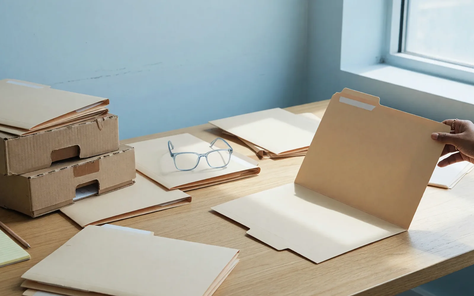 Blank manila folders, glasses and a hand opening an empty file on a pale oak desk