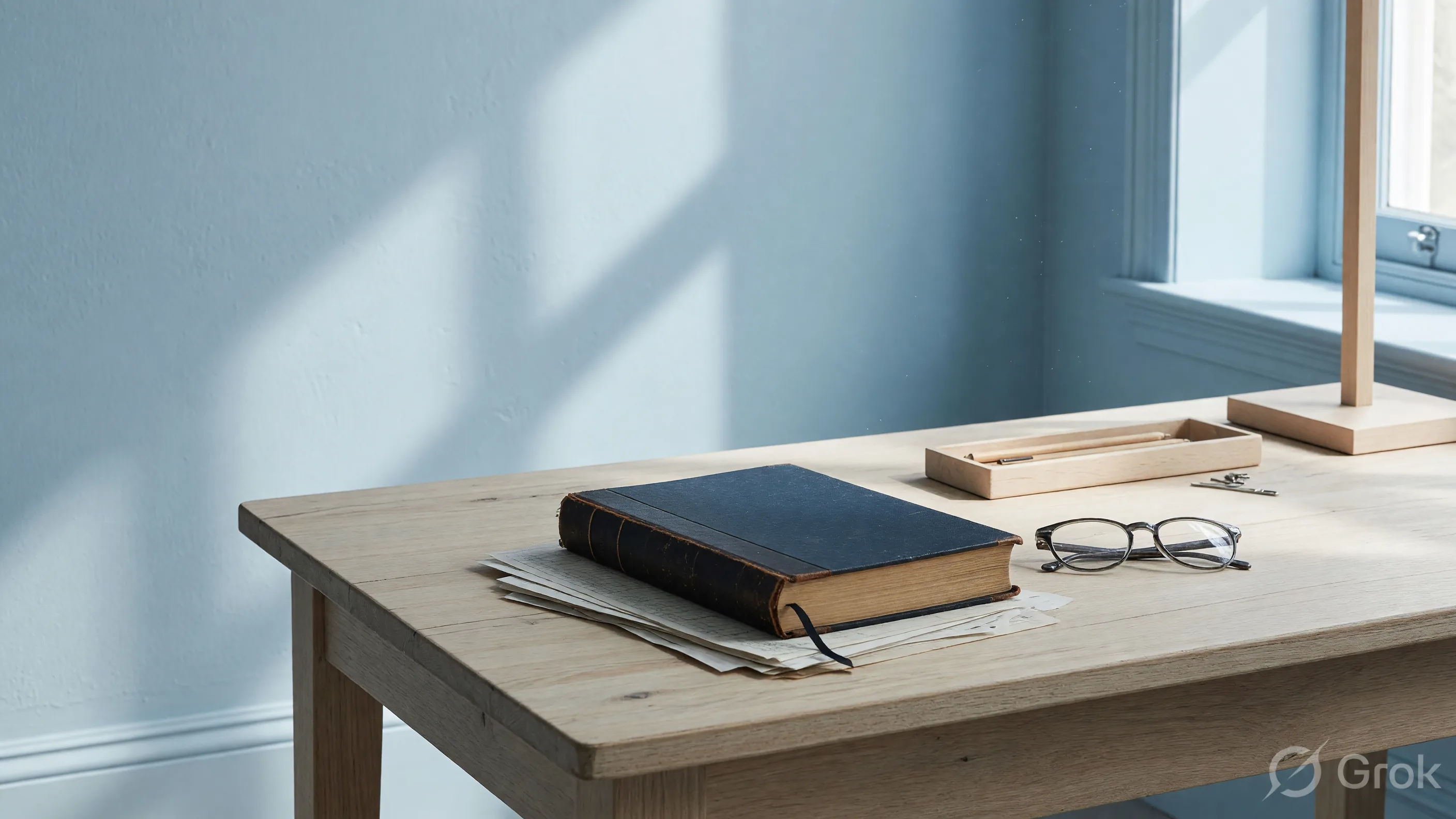 Closed ledger and glasses on a pale oak methods desk