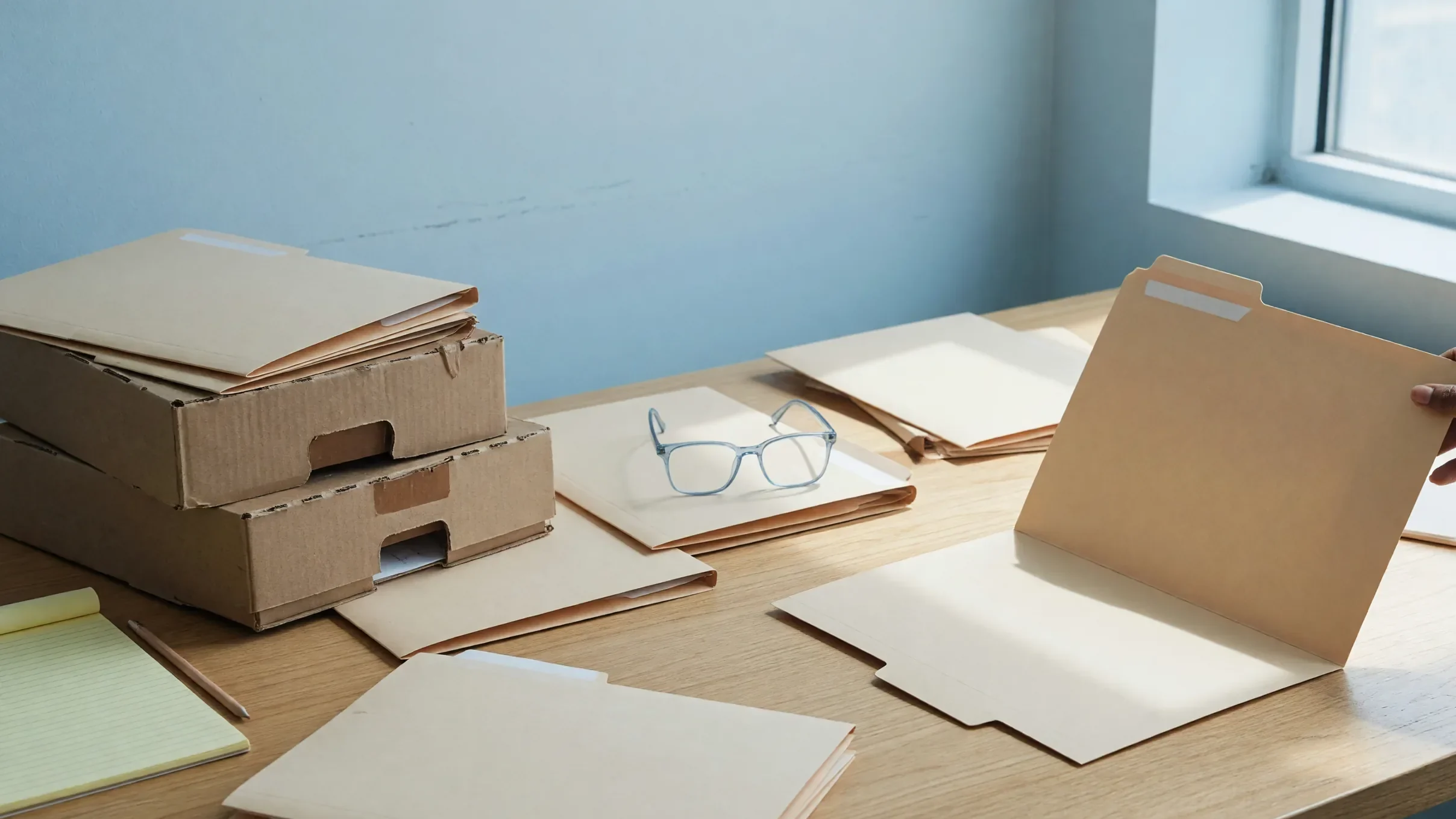 File boxes and a hand opening an empty manila folder