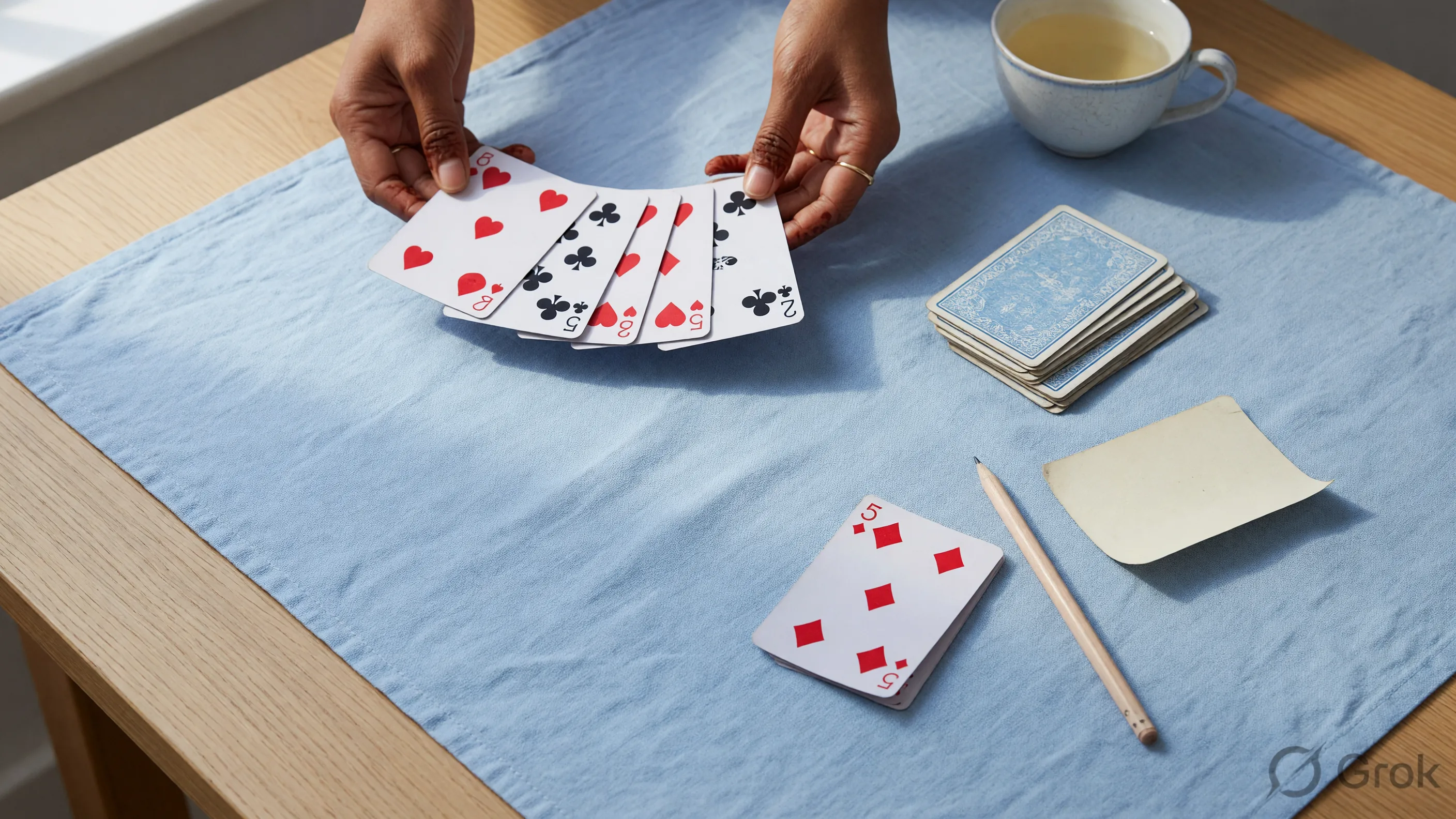 Hands releasing a card fan over ice-blue linen with a discard, pencil and cup
