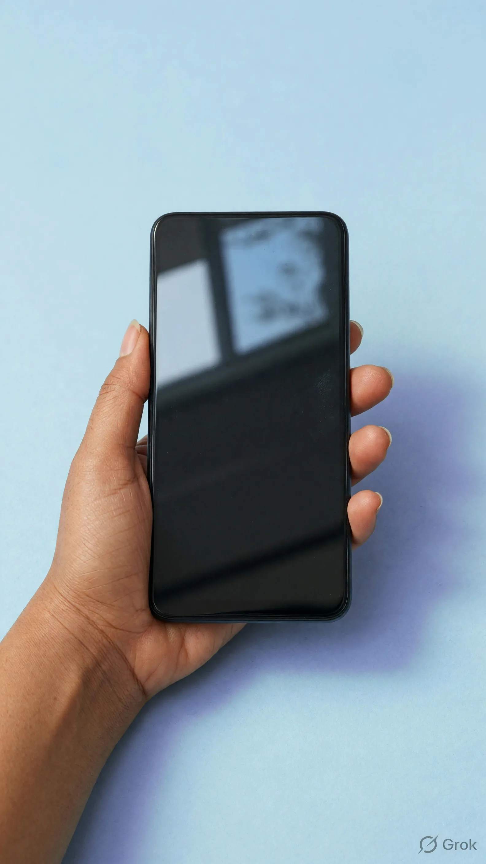 Hand holding a vertical phone with a fully dark screen