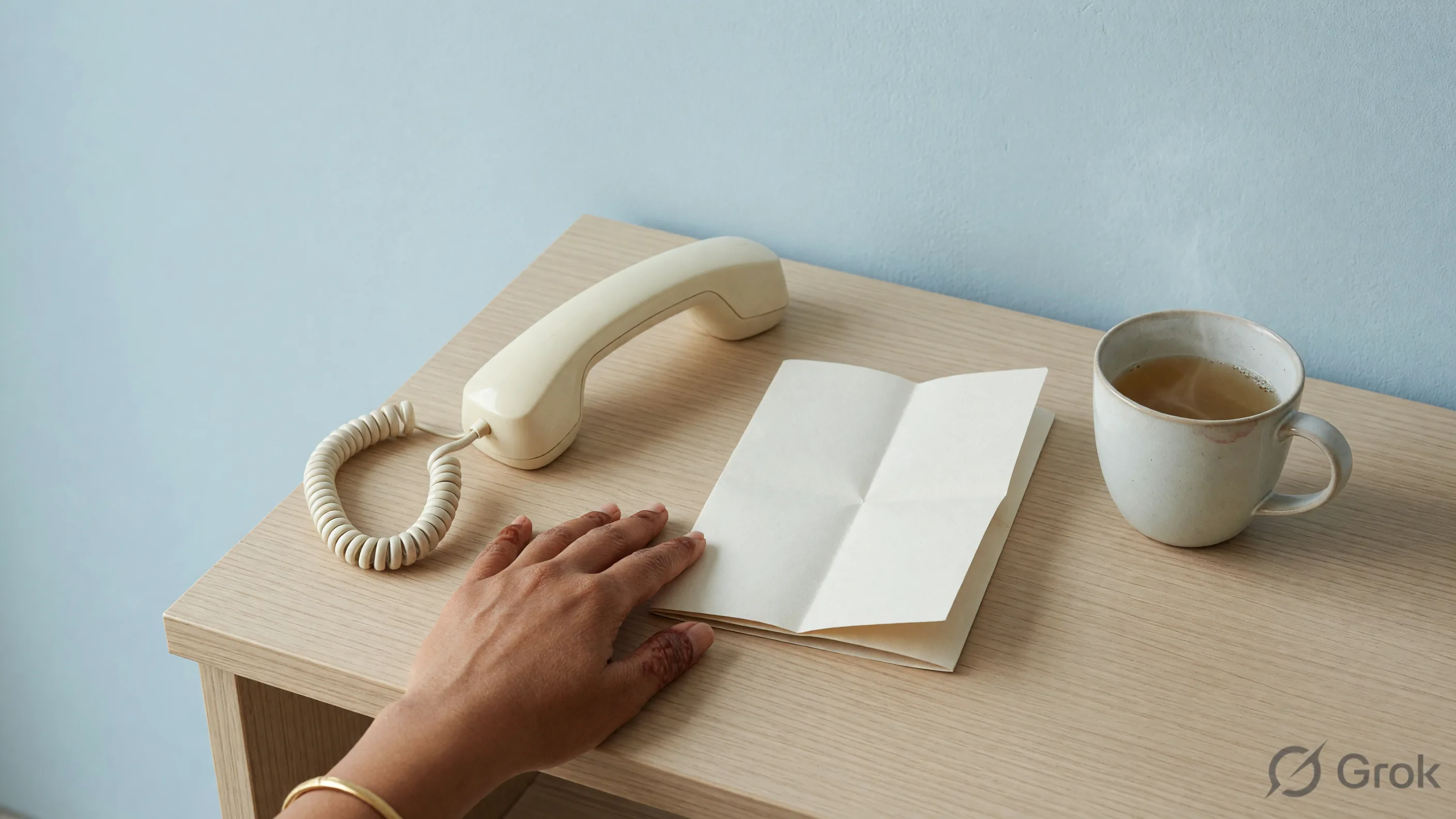Landline handset on pale oak beside a blank folded pamphlet