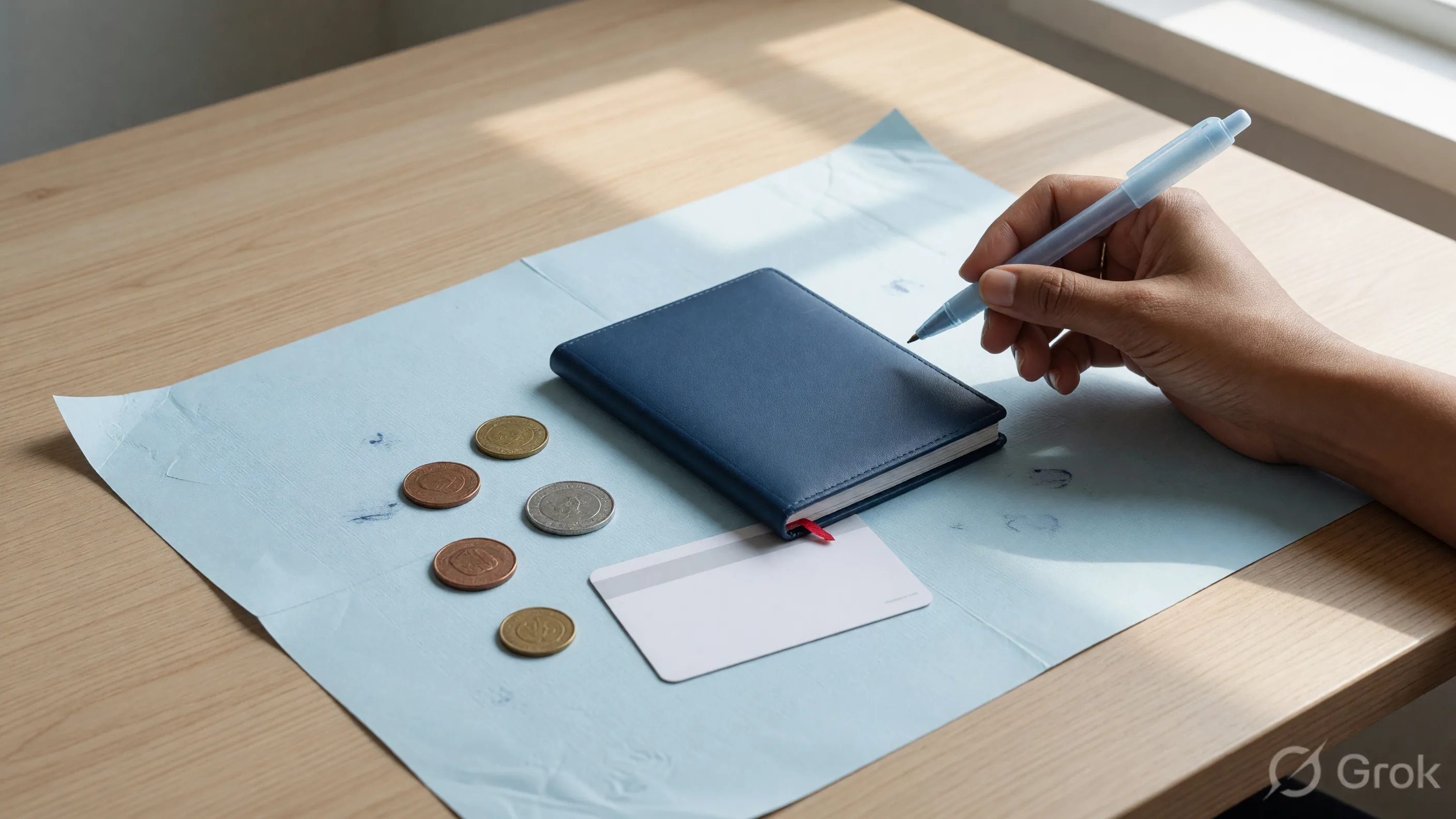 Closed passbook, flat coins and a pen held above the book