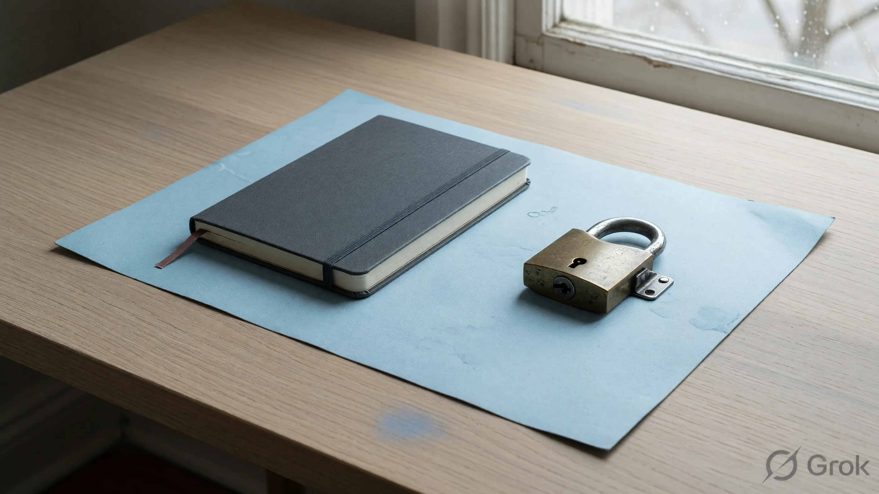 Closed notebook and a small lock object on an ice-blue blotter
