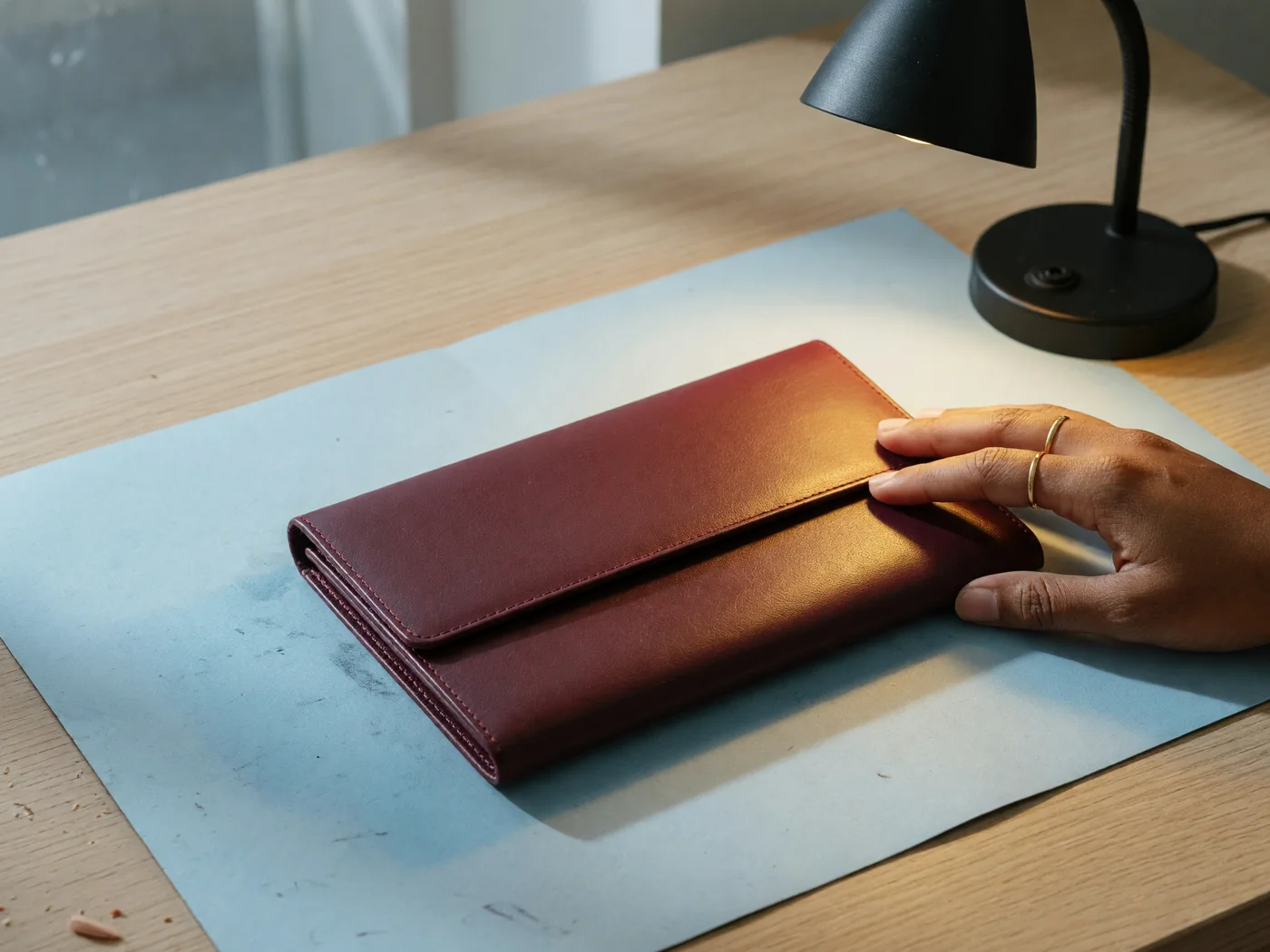 Fingers on a closed document wallet under a small desk lamp