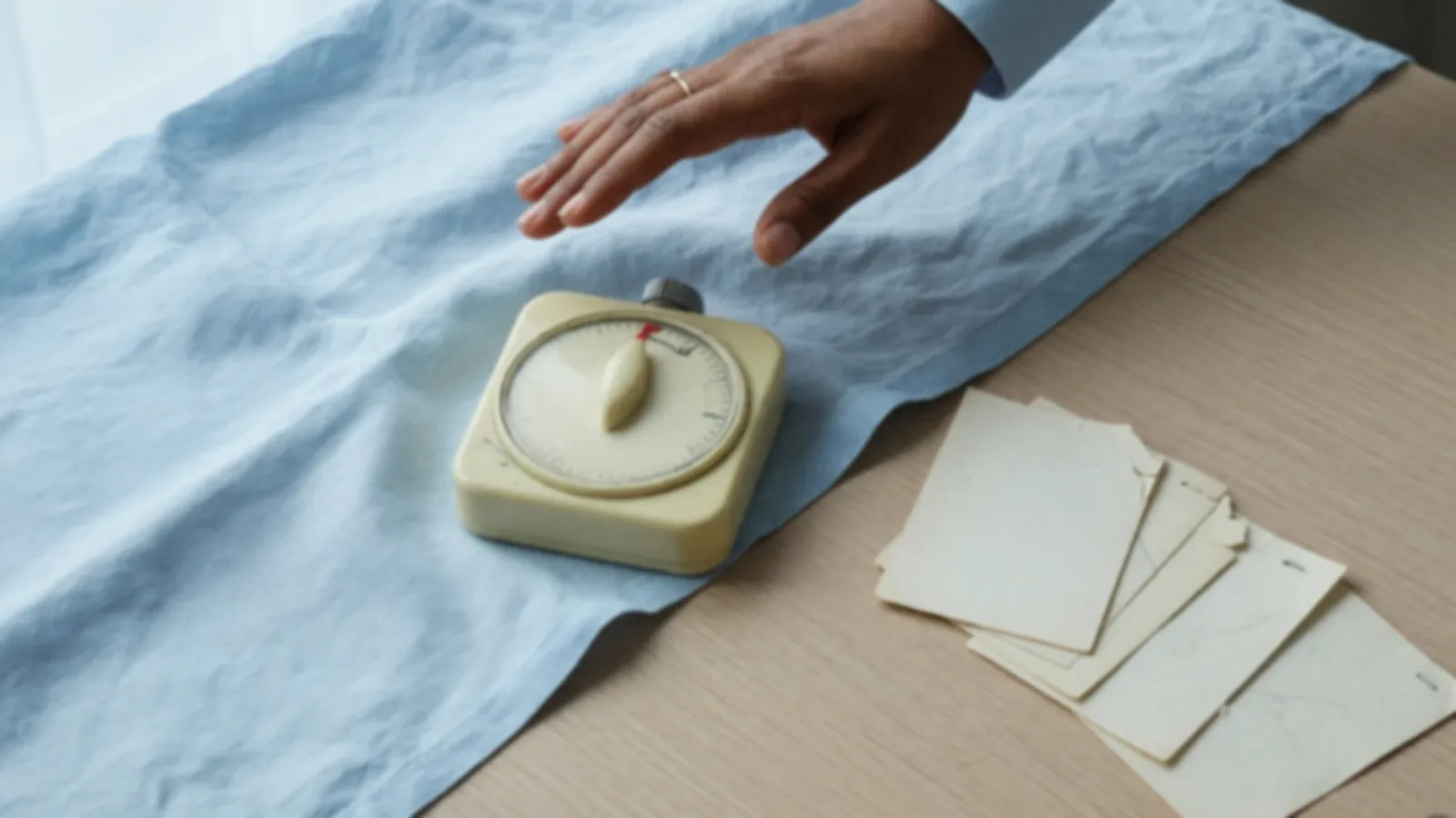 Blank-faced analog timer, discard line and a hand paused above the timer
