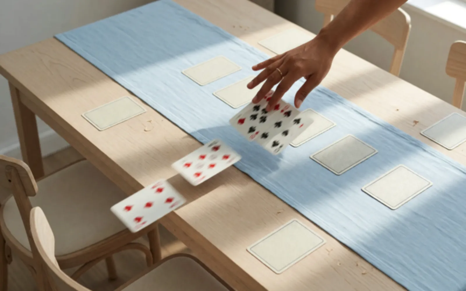 Cards sliding from a dealer hand across pale oak in window light