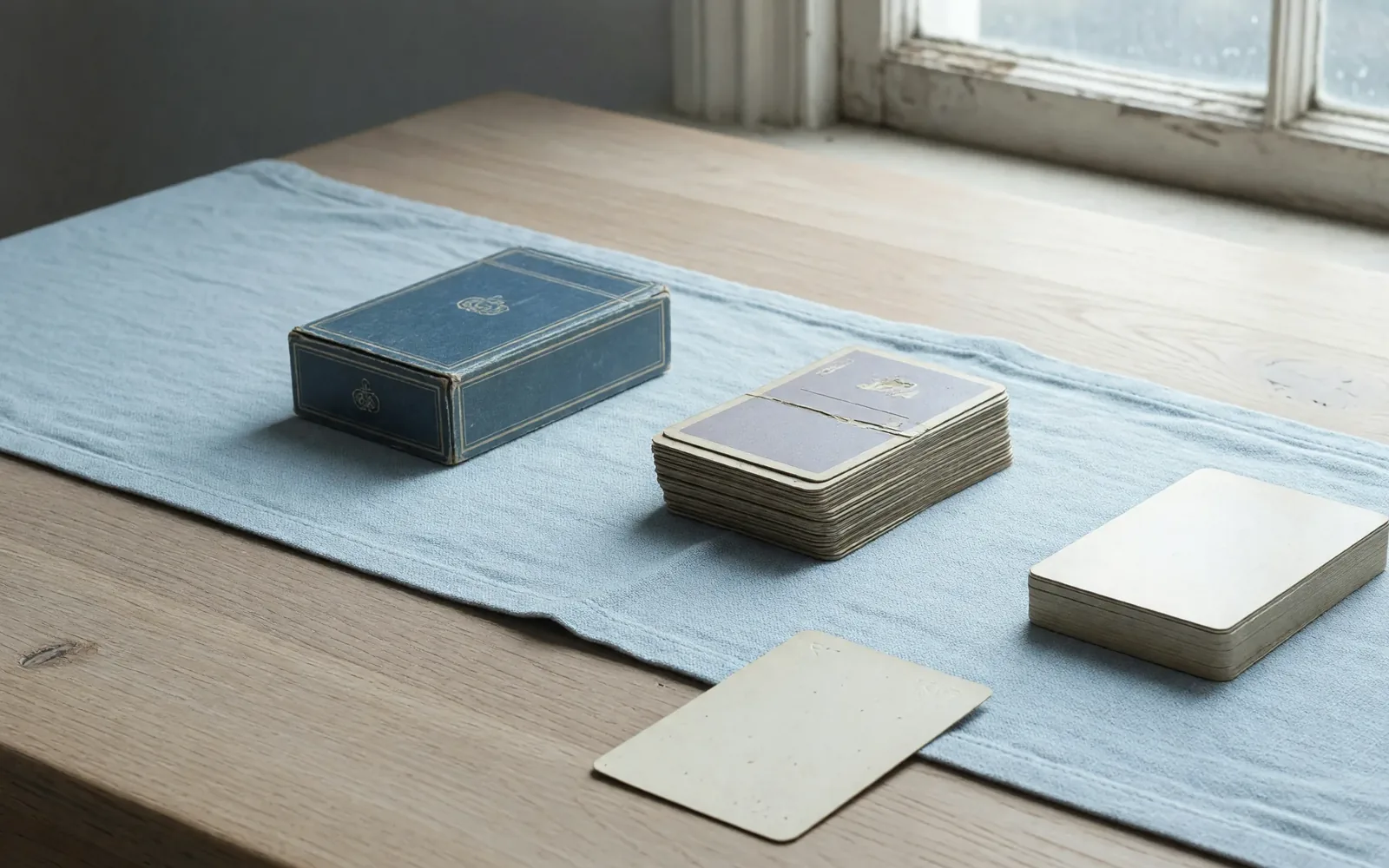 Closed card box and two facedown packets of different heights on an ice-blue runner