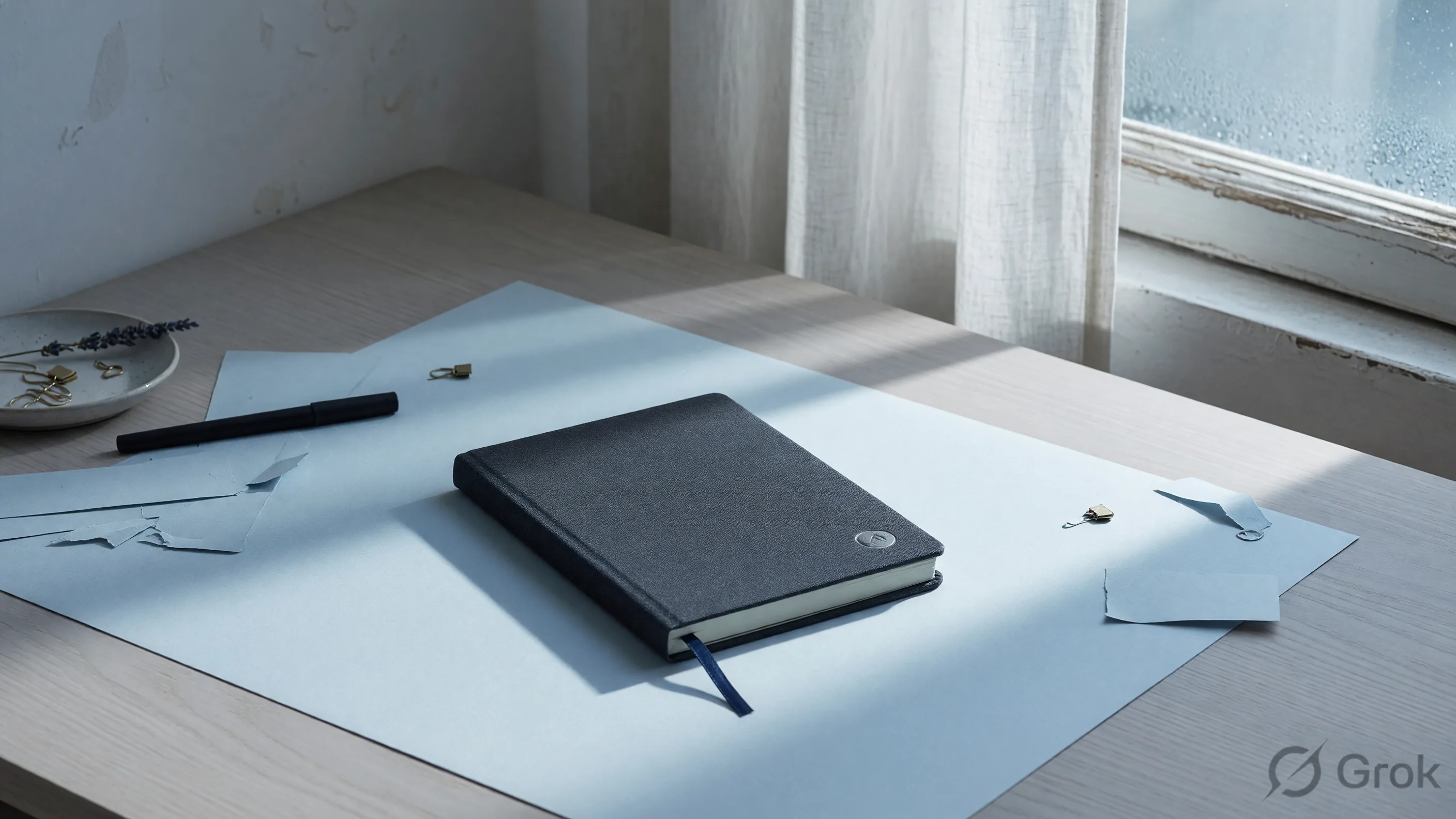 Closed notebook on ice-blue paper