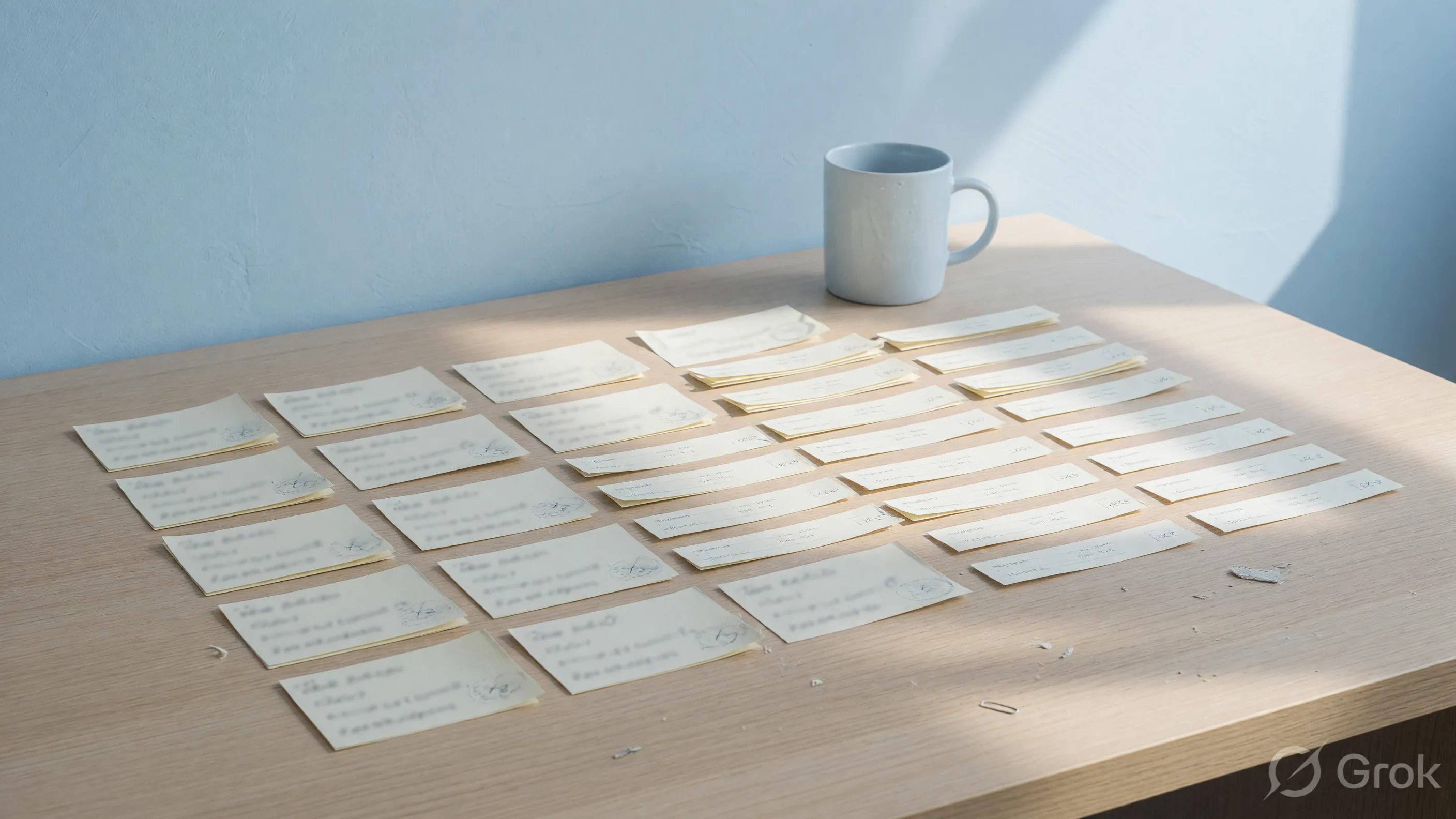 Ordered paper slips on a pale oak desk