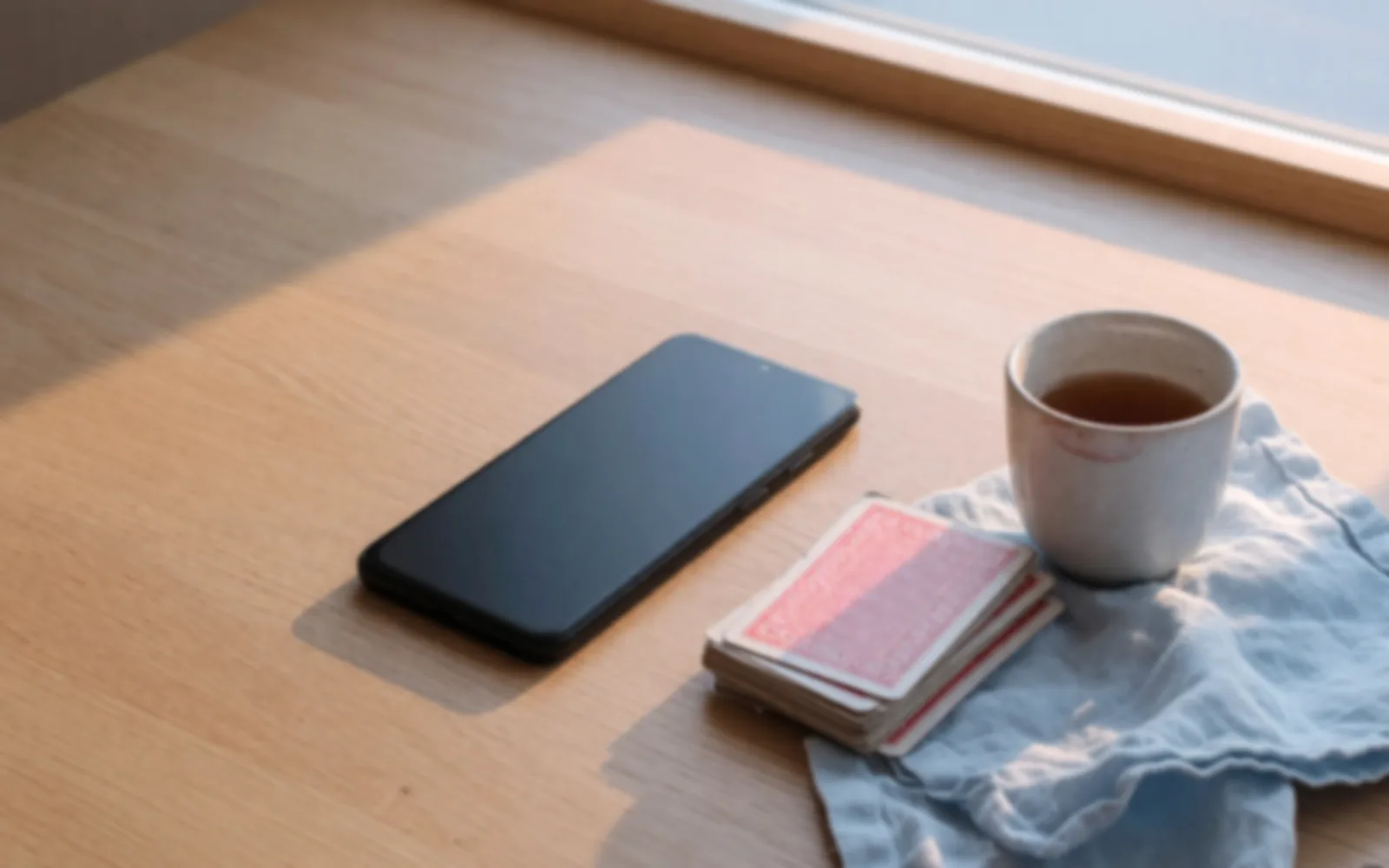 Screen-off phone on a rummy table beside a facedown packet