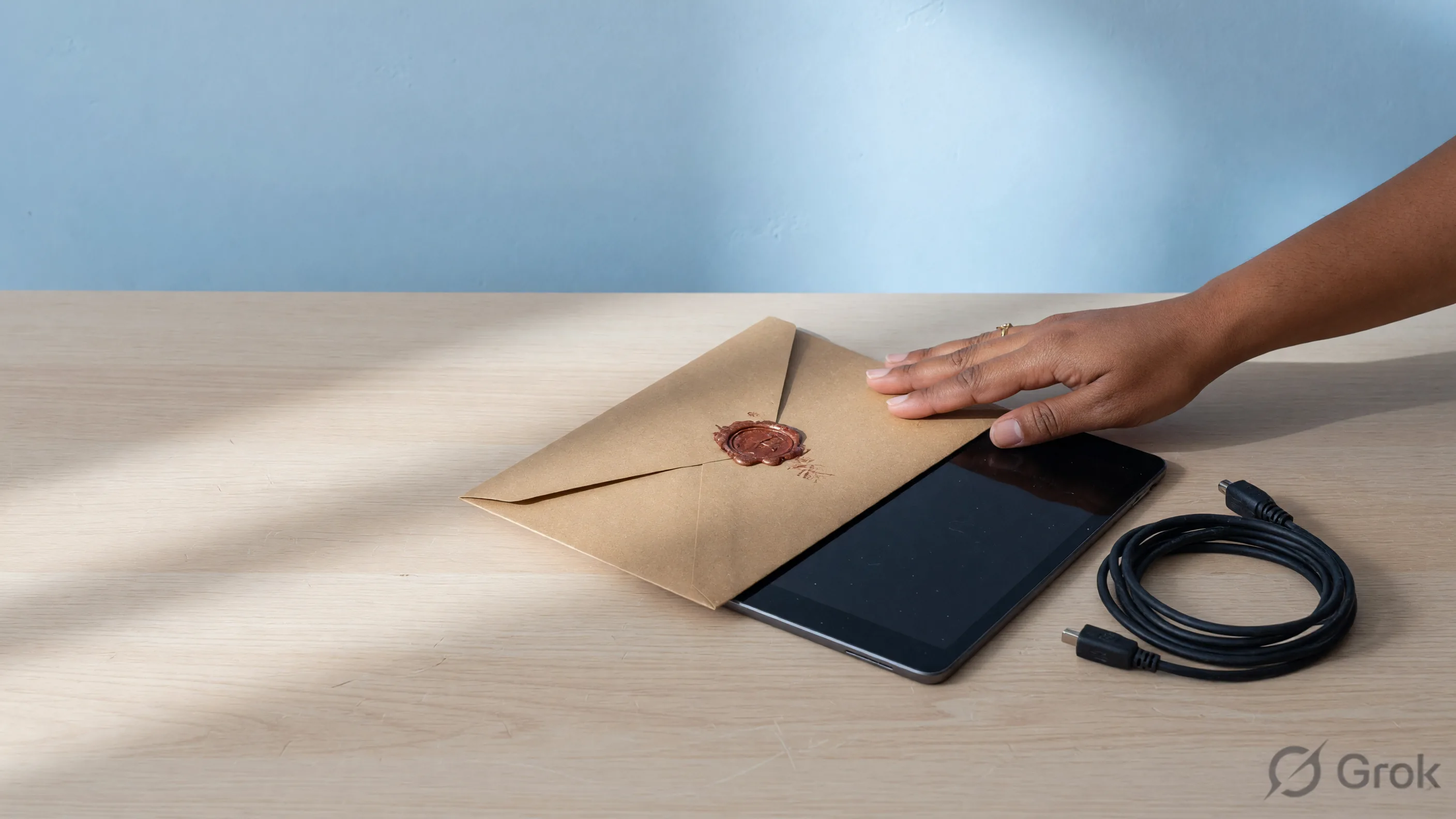 Sealed kraft envelope, dark tablet and a hand keeping the envelope closed