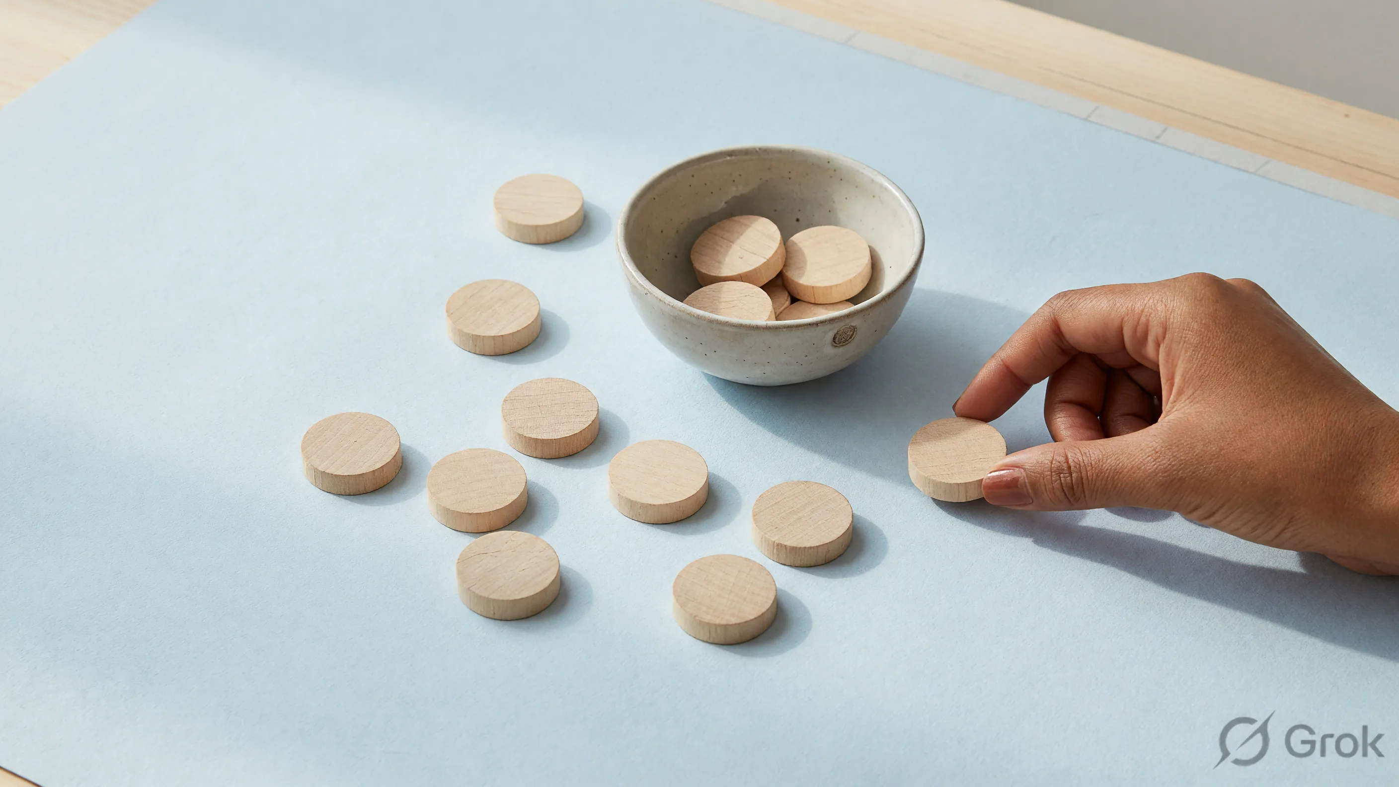 Wooden tokens and a small ceramic bowl used as session counters