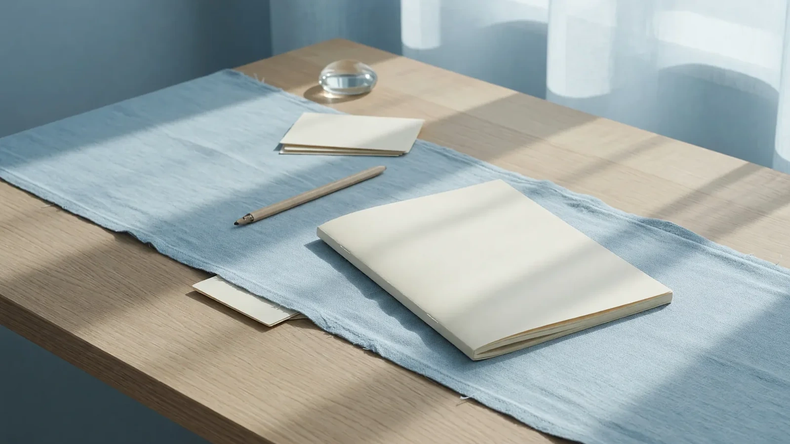 Blank closed booklet on pale oak