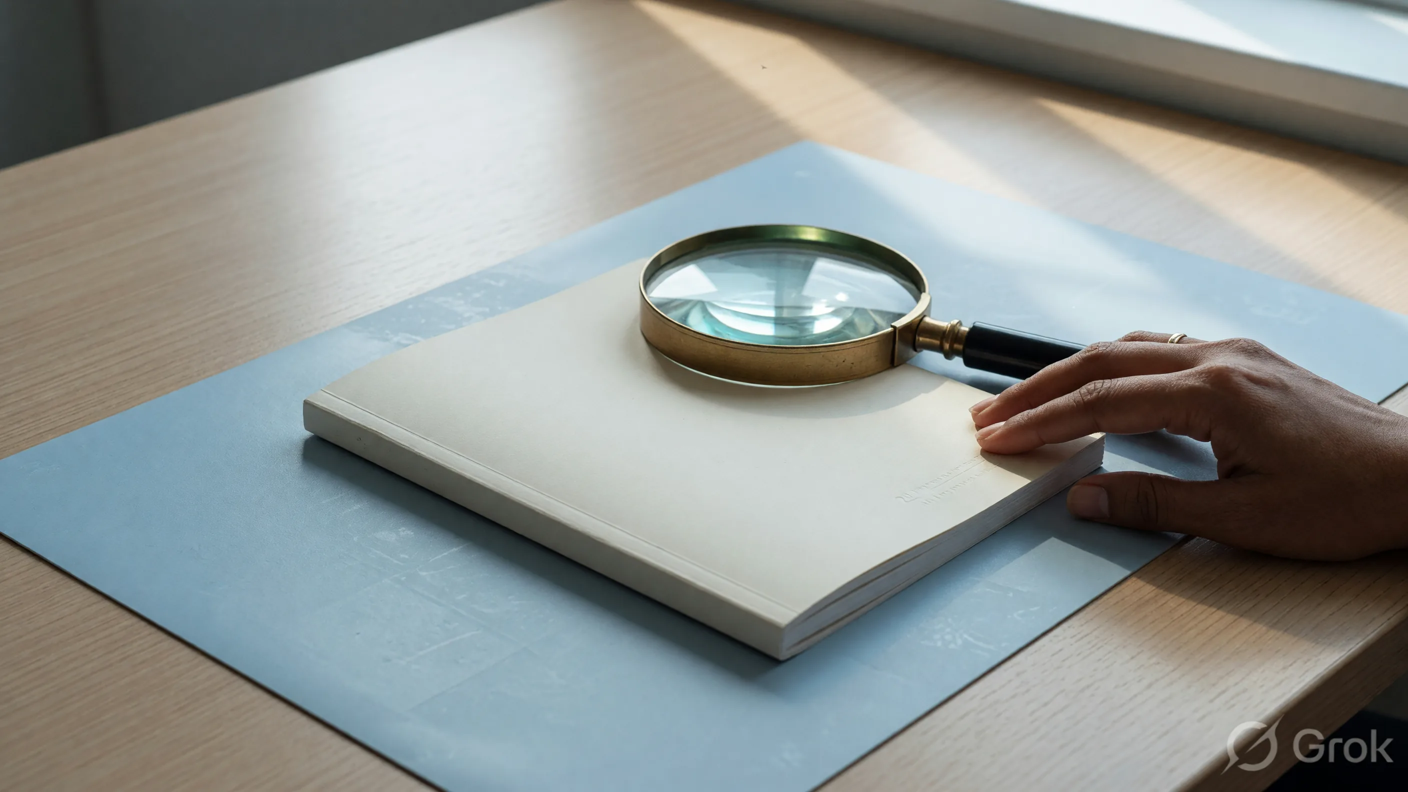 Magnifying glass over a blank closed booklet