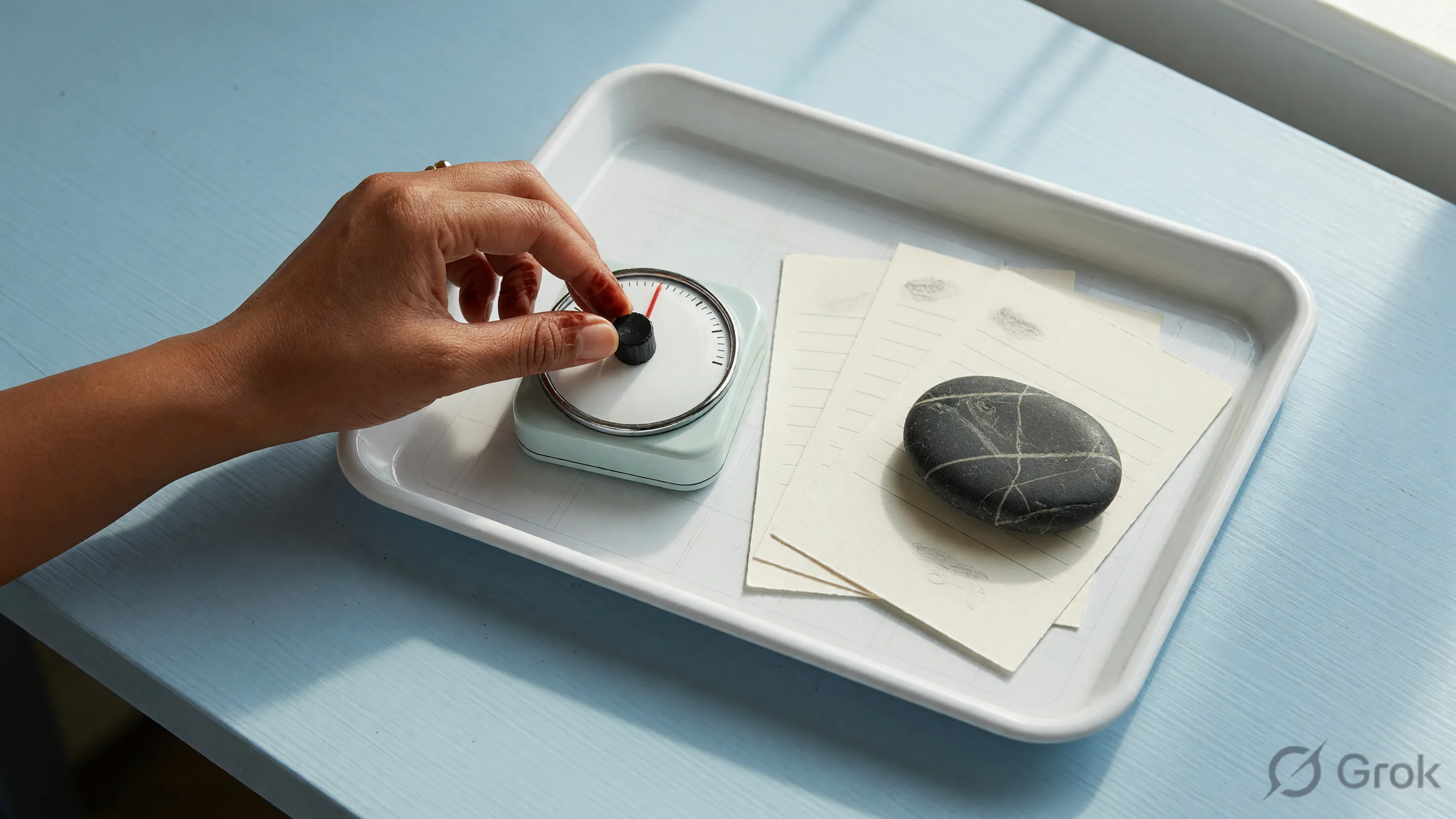Blank-faced analog timer beside cards and a stone turn marker