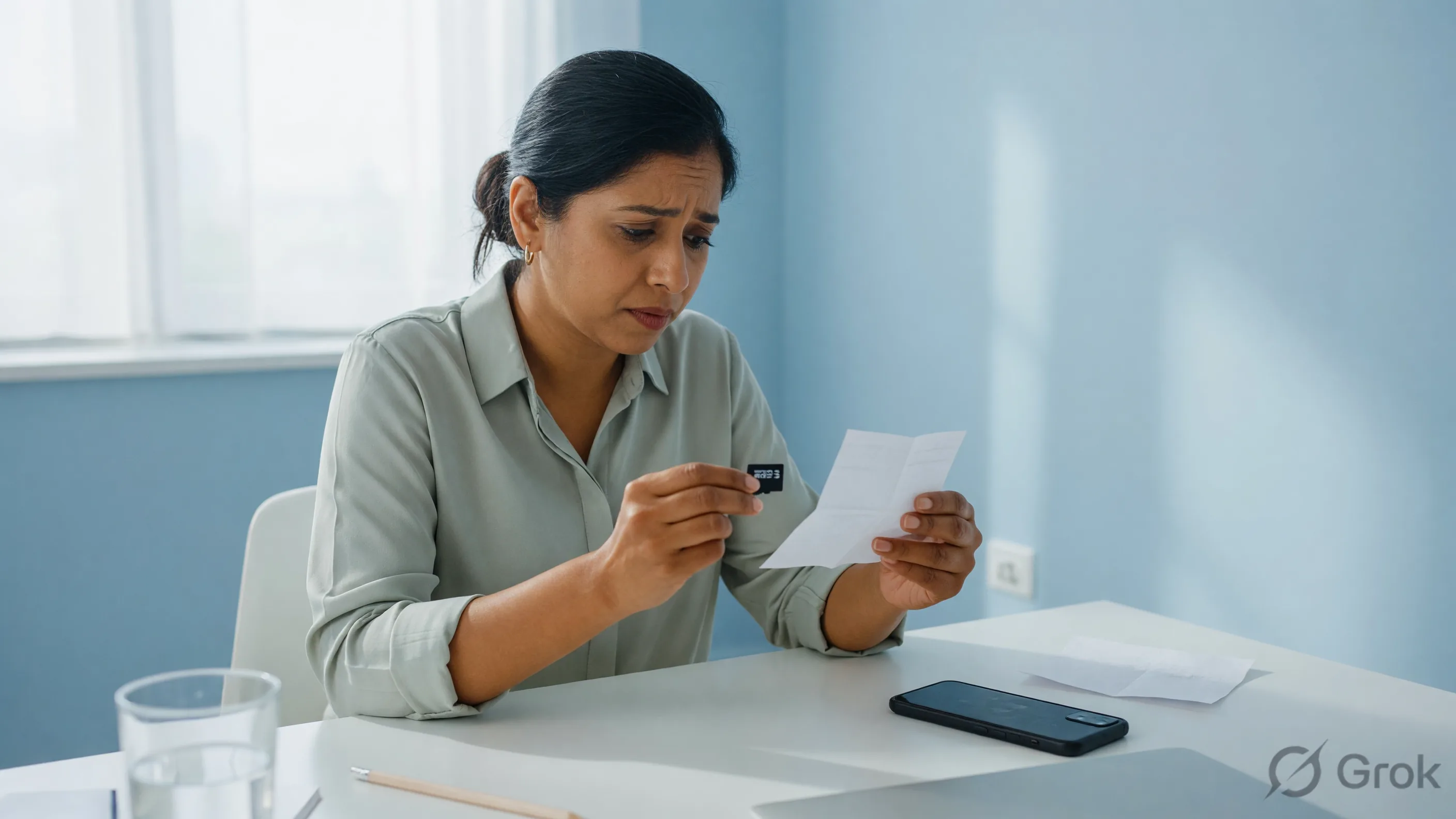 Person comparing an unlabeled memory card to a blank paper note