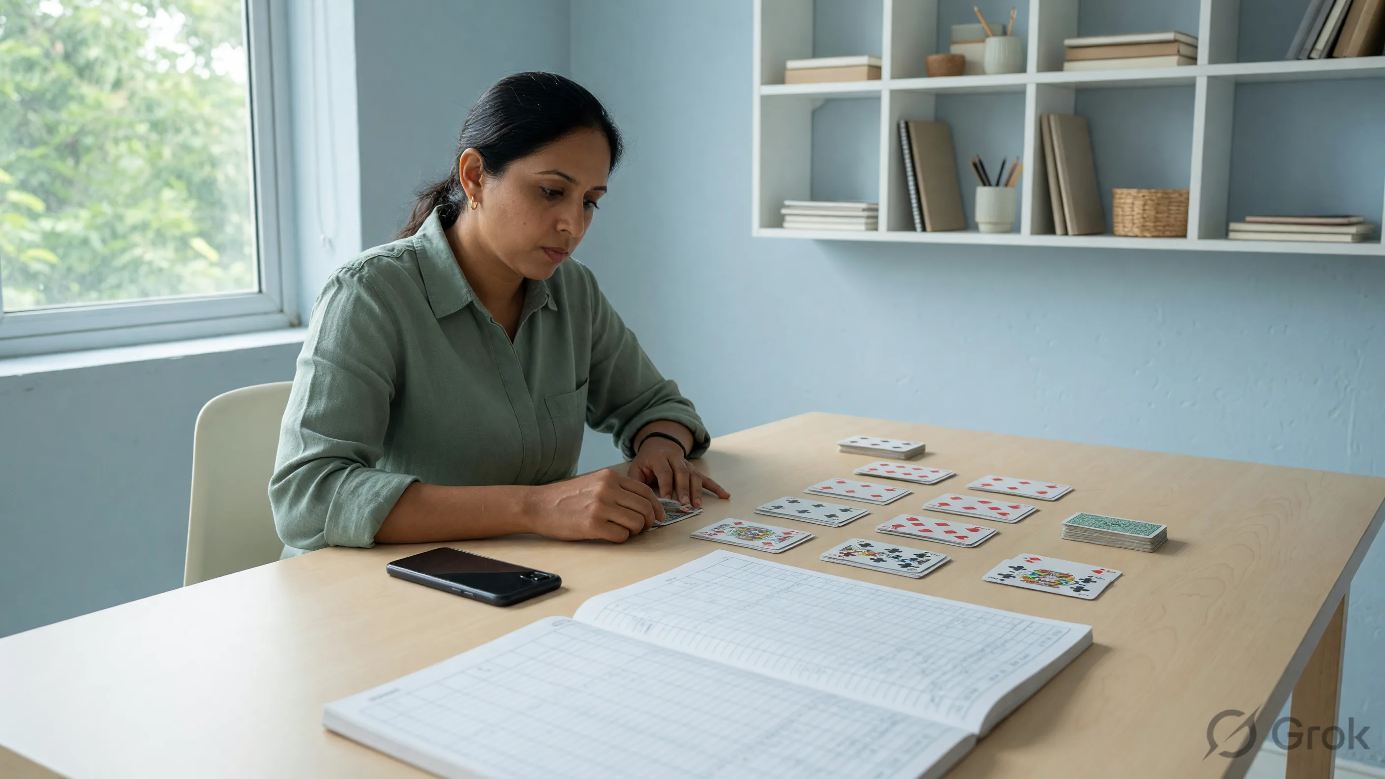 Reviewer at a bright table with a face-down phone and a paper ledger